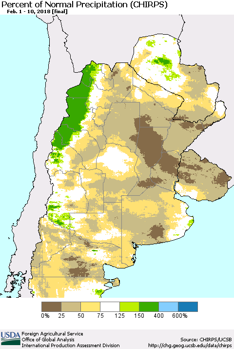 Southern South America Percent of Normal Precipitation (CHIRPS) Thematic Map For 2/1/2018 - 2/10/2018