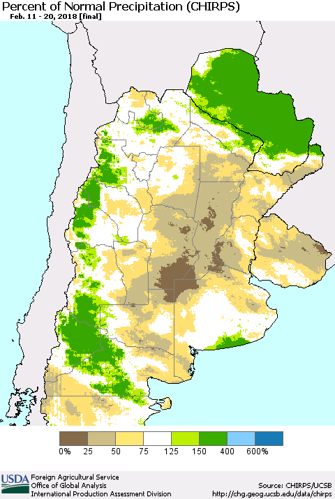 Southern South America Percent of Normal Precipitation (CHIRPS) Thematic Map For 2/11/2018 - 2/20/2018