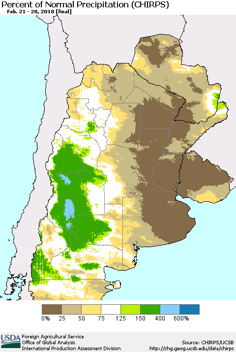 Southern South America Percent of Normal Precipitation (CHIRPS) Thematic Map For 2/21/2018 - 2/28/2018