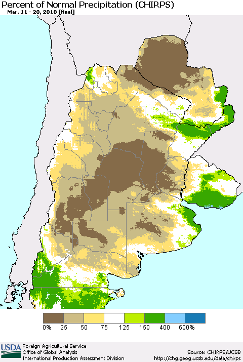 Southern South America Percent of Normal Precipitation (CHIRPS) Thematic Map For 3/11/2018 - 3/20/2018
