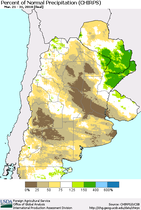 Southern South America Percent of Normal Precipitation (CHIRPS) Thematic Map For 3/21/2018 - 3/31/2018