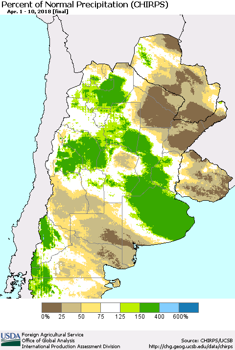 Southern South America Percent of Normal Precipitation (CHIRPS) Thematic Map For 4/1/2018 - 4/10/2018