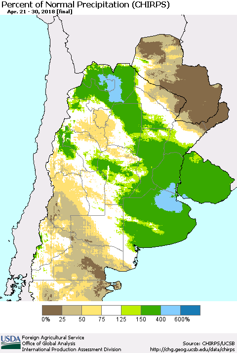 Southern South America Percent of Normal Precipitation (CHIRPS) Thematic Map For 4/21/2018 - 4/30/2018
