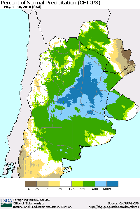 Southern South America Percent of Normal Precipitation (CHIRPS) Thematic Map For 5/1/2018 - 5/10/2018