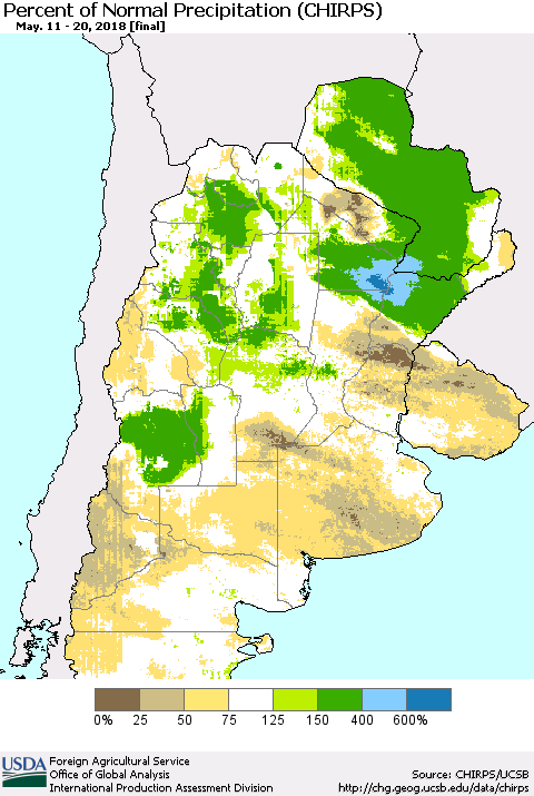 Southern South America Percent of Normal Precipitation (CHIRPS) Thematic Map For 5/11/2018 - 5/20/2018