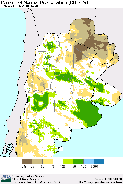 Southern South America Percent of Normal Precipitation (CHIRPS) Thematic Map For 5/21/2018 - 5/31/2018