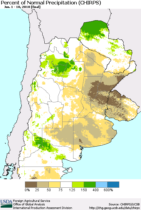 Southern South America Percent of Normal Precipitation (CHIRPS) Thematic Map For 6/1/2018 - 6/10/2018
