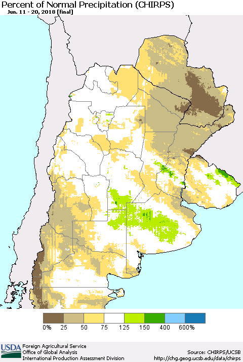 Southern South America Percent of Normal Precipitation (CHIRPS) Thematic Map For 6/11/2018 - 6/20/2018