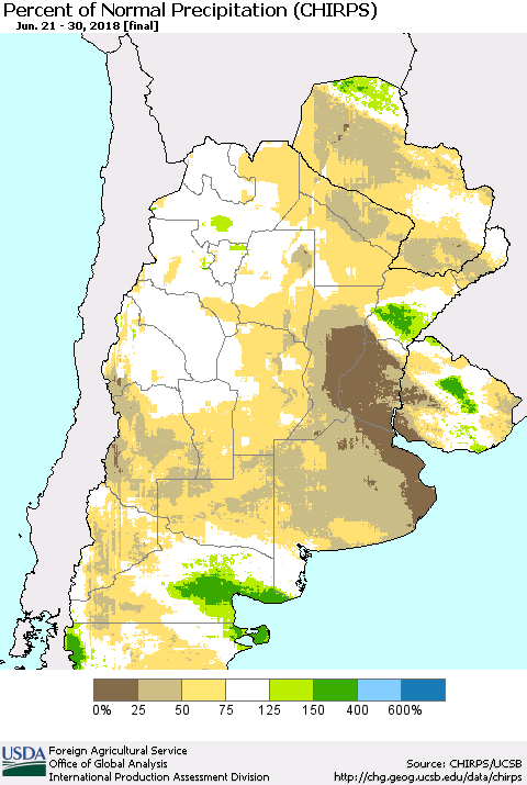 Southern South America Percent of Normal Precipitation (CHIRPS) Thematic Map For 6/21/2018 - 6/30/2018