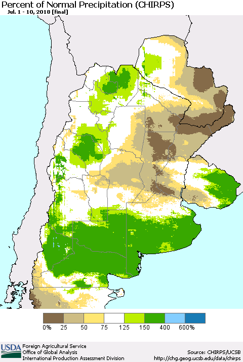 Southern South America Percent of Normal Precipitation (CHIRPS) Thematic Map For 7/1/2018 - 7/10/2018