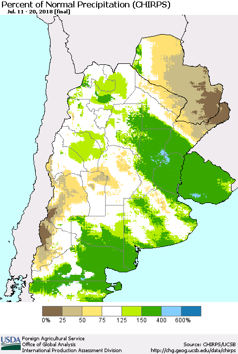 Southern South America Percent of Normal Precipitation (CHIRPS) Thematic Map For 7/11/2018 - 7/20/2018
