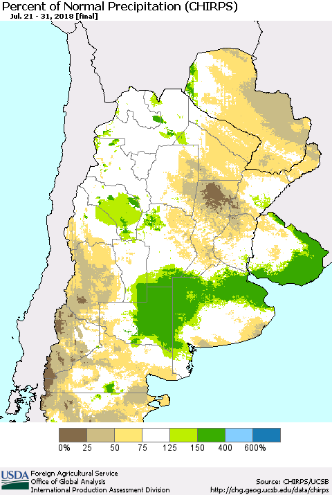 Southern South America Percent of Normal Precipitation (CHIRPS) Thematic Map For 7/21/2018 - 7/31/2018