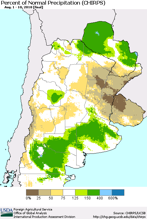 Southern South America Percent of Normal Precipitation (CHIRPS) Thematic Map For 8/1/2018 - 8/10/2018
