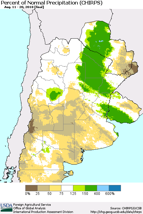 Southern South America Percent of Normal Precipitation (CHIRPS) Thematic Map For 8/11/2018 - 8/20/2018