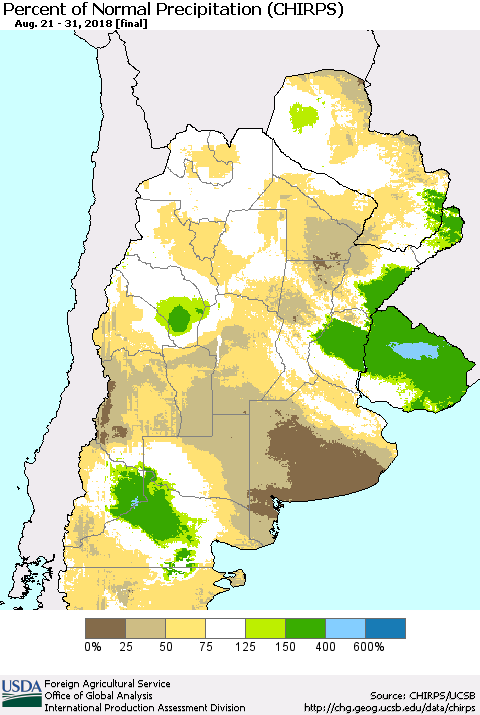 Southern South America Percent of Normal Precipitation (CHIRPS) Thematic Map For 8/21/2018 - 8/31/2018