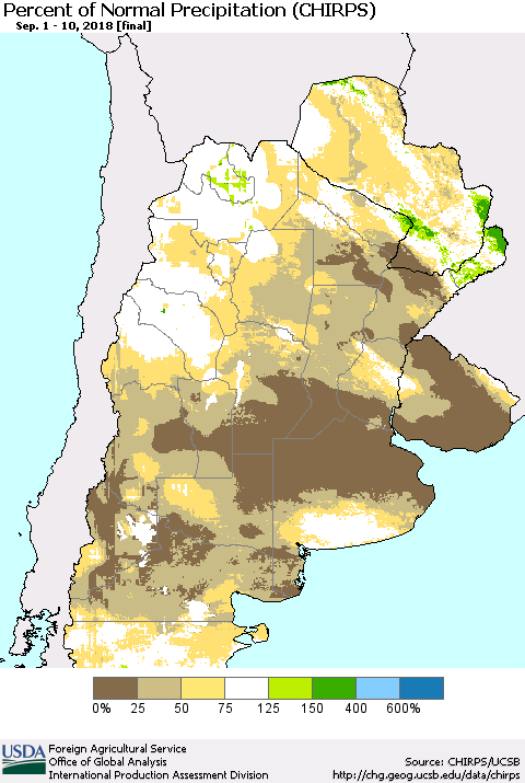 Southern South America Percent of Normal Precipitation (CHIRPS) Thematic Map For 9/1/2018 - 9/10/2018