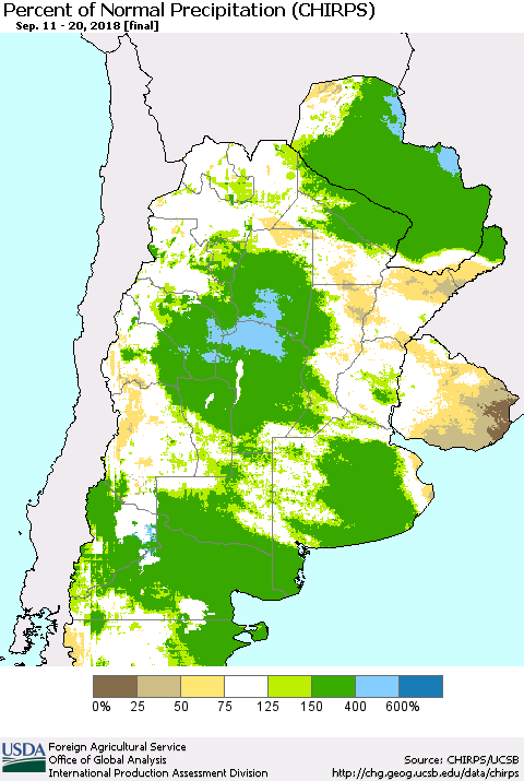 Southern South America Percent of Normal Precipitation (CHIRPS) Thematic Map For 9/11/2018 - 9/20/2018