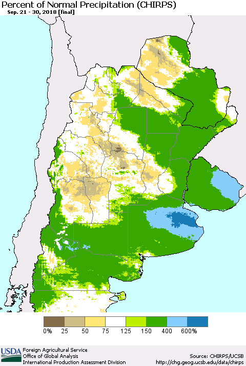 Southern South America Percent of Normal Precipitation (CHIRPS) Thematic Map For 9/21/2018 - 9/30/2018