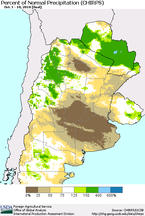 Southern South America Percent of Normal Precipitation (CHIRPS) Thematic Map For 10/1/2018 - 10/10/2018