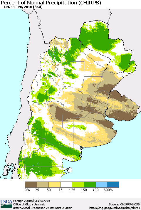 Southern South America Percent of Normal Precipitation (CHIRPS) Thematic Map For 10/11/2018 - 10/20/2018