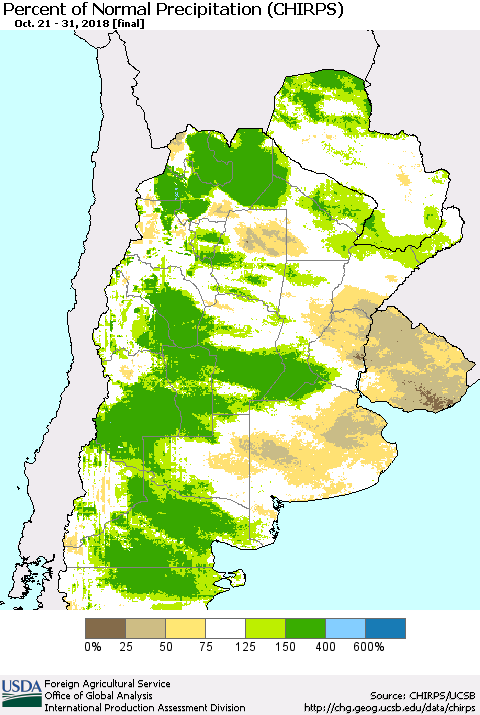 Southern South America Percent of Normal Precipitation (CHIRPS) Thematic Map For 10/21/2018 - 10/31/2018