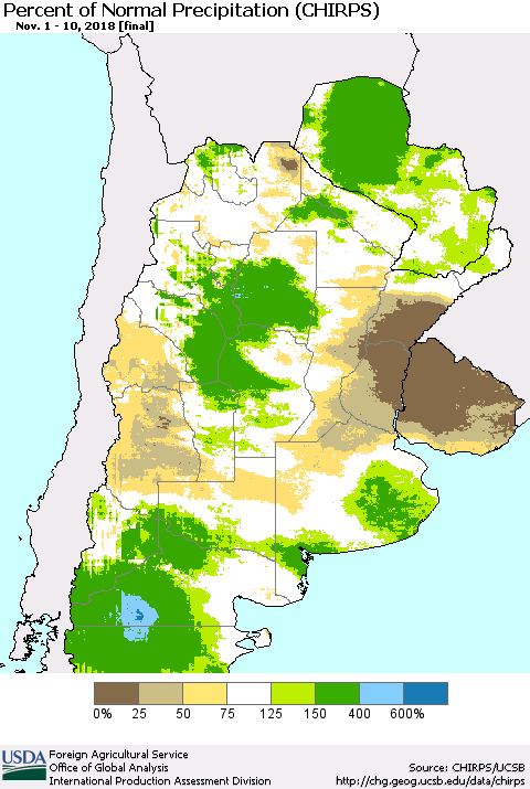Southern South America Percent of Normal Precipitation (CHIRPS) Thematic Map For 11/1/2018 - 11/10/2018