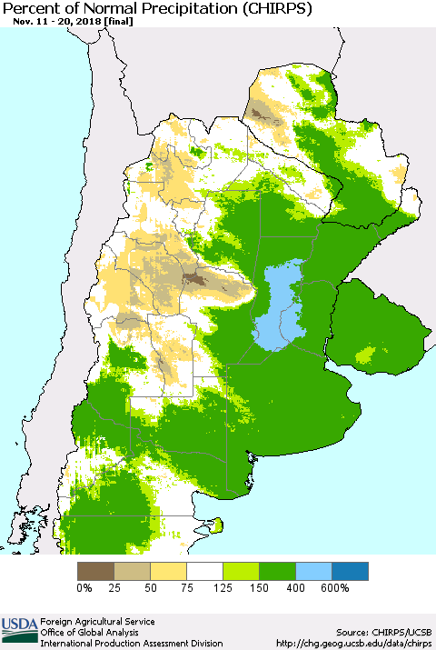 Southern South America Percent of Normal Precipitation (CHIRPS) Thematic Map For 11/11/2018 - 11/20/2018