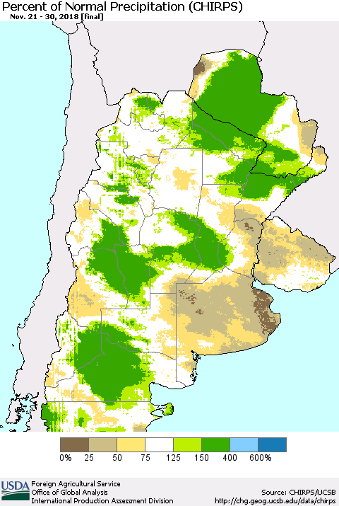 Southern South America Percent of Normal Precipitation (CHIRPS) Thematic Map For 11/21/2018 - 11/30/2018