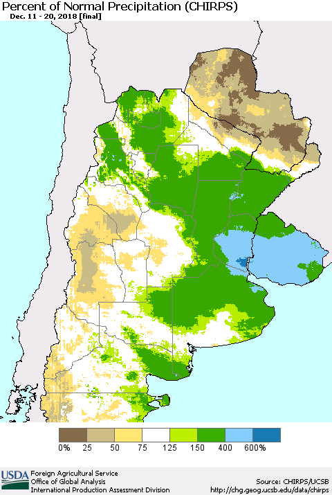 Southern South America Percent of Normal Precipitation (CHIRPS) Thematic Map For 12/11/2018 - 12/20/2018