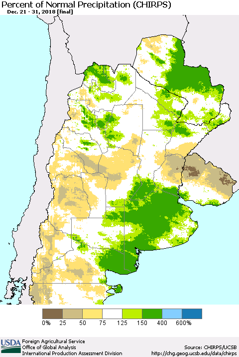 Southern South America Percent of Normal Precipitation (CHIRPS) Thematic Map For 12/21/2018 - 12/31/2018