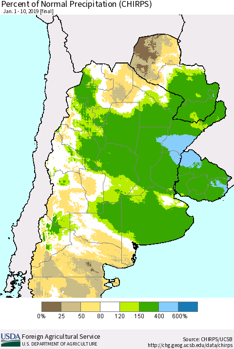 Southern South America Percent of Normal Precipitation (CHIRPS) Thematic Map For 1/1/2019 - 1/10/2019