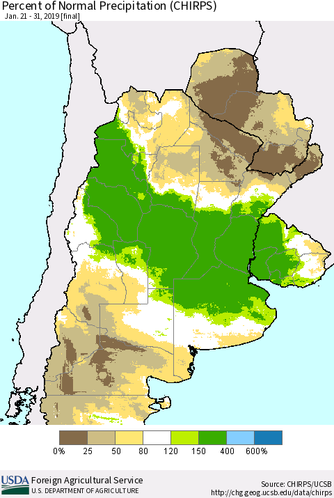 Southern South America Percent of Normal Precipitation (CHIRPS) Thematic Map For 1/21/2019 - 1/31/2019