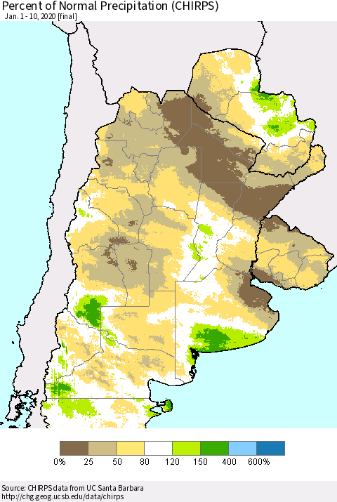 Southern South America Percent of Normal Precipitation (CHIRPS) Thematic Map For 1/1/2020 - 1/10/2020