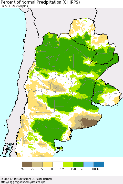 Southern South America Percent of Normal Precipitation (CHIRPS) Thematic Map For 1/11/2020 - 1/20/2020