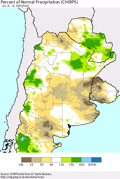 Southern South America Percent of Normal Precipitation (CHIRPS) Thematic Map For 1/21/2020 - 1/31/2020