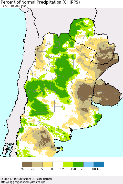 Southern South America Percent of Normal Precipitation (CHIRPS) Thematic Map For 2/1/2020 - 2/10/2020
