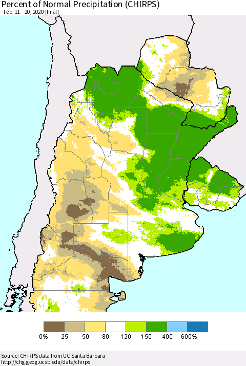 Southern South America Percent of Normal Precipitation (CHIRPS) Thematic Map For 2/11/2020 - 2/20/2020
