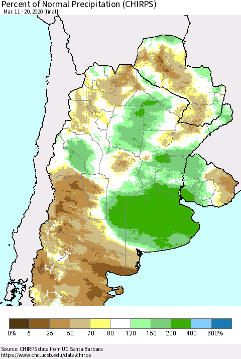 Southern South America Percent of Normal Precipitation (CHIRPS) Thematic Map For 3/11/2020 - 3/20/2020
