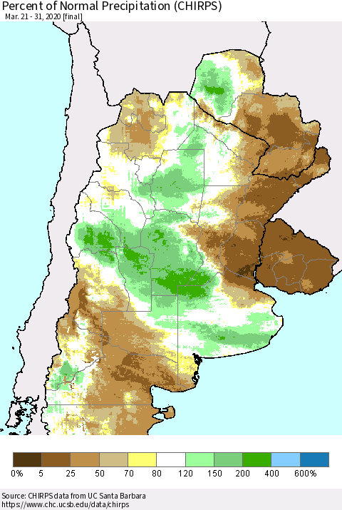 Southern South America Percent of Normal Precipitation (CHIRPS) Thematic Map For 3/21/2020 - 3/31/2020