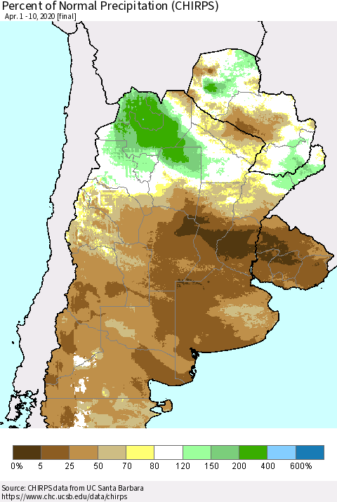 Southern South America Percent of Normal Precipitation (CHIRPS) Thematic Map For 4/1/2020 - 4/10/2020