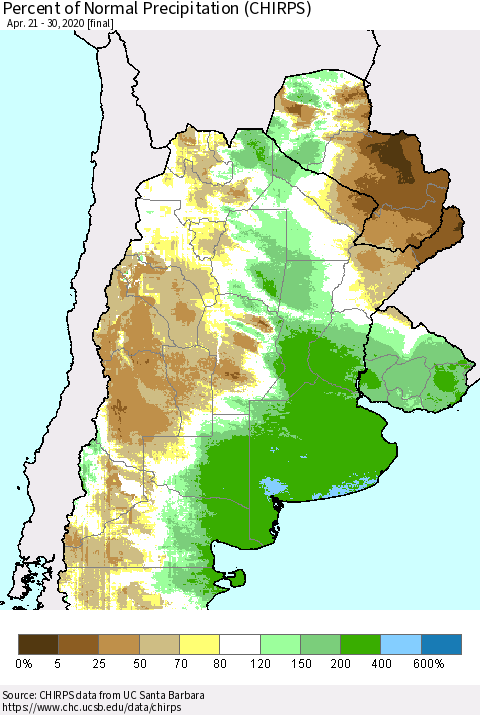 Southern South America Percent of Normal Precipitation (CHIRPS) Thematic Map For 4/21/2020 - 4/30/2020