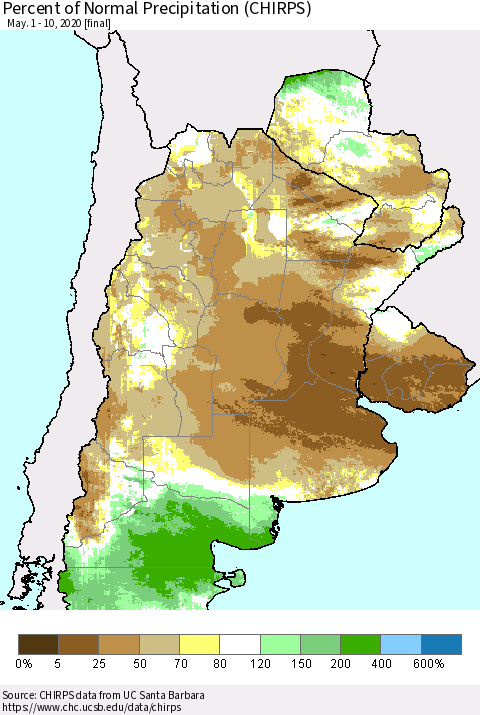 Southern South America Percent of Normal Precipitation (CHIRPS) Thematic Map For 5/1/2020 - 5/10/2020