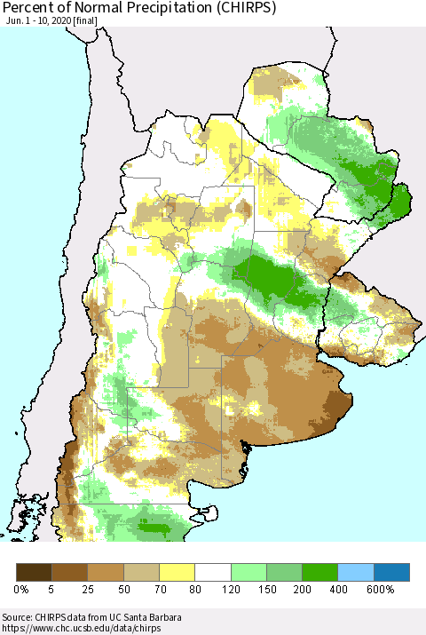 Southern South America Percent of Normal Precipitation (CHIRPS) Thematic Map For 6/1/2020 - 6/10/2020