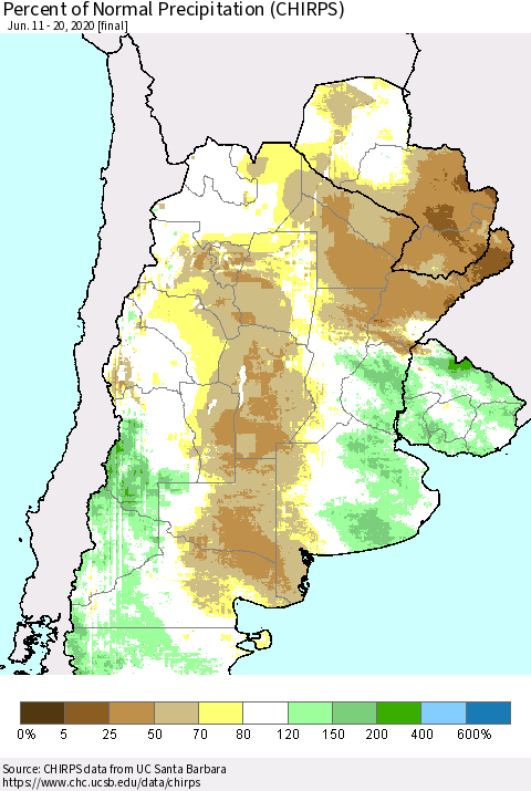 Southern South America Percent of Normal Precipitation (CHIRPS) Thematic Map For 6/11/2020 - 6/20/2020