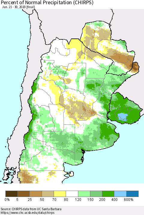 Southern South America Percent of Normal Precipitation (CHIRPS) Thematic Map For 6/21/2020 - 6/30/2020