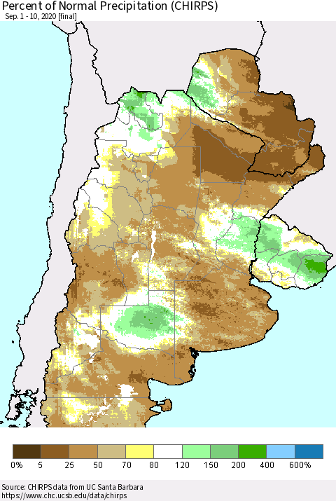 Southern South America Percent of Normal Precipitation (CHIRPS) Thematic Map For 9/1/2020 - 9/10/2020