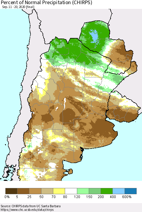 Southern South America Percent of Normal Precipitation (CHIRPS) Thematic Map For 9/11/2020 - 9/20/2020