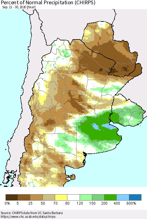 Southern South America Percent of Normal Precipitation (CHIRPS) Thematic Map For 9/21/2020 - 9/30/2020