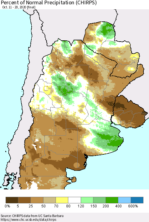 Southern South America Percent of Normal Precipitation (CHIRPS) Thematic Map For 10/11/2020 - 10/20/2020