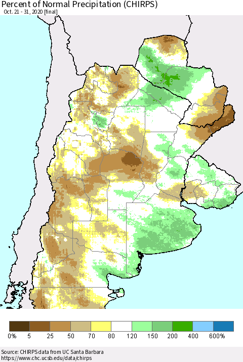 Southern South America Percent of Normal Precipitation (CHIRPS) Thematic Map For 10/21/2020 - 10/31/2020
